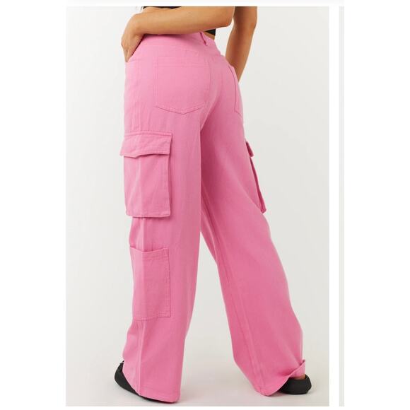 Timing Bubblegum High Rise Wide Leg Denim Cargo Pant Size L - Picture 2 of 10